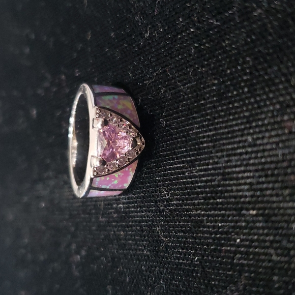 Silver Tone Ring with Inlaid Abalone & Heart Shaped Pink Sapphire on CZ Stones - Picture 2 of 6